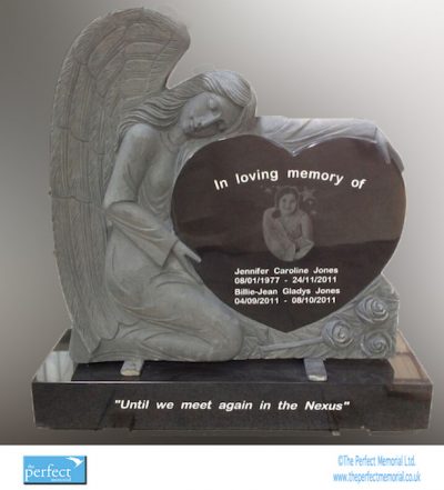 Bespoke angel heart granite memorial with laser etched images